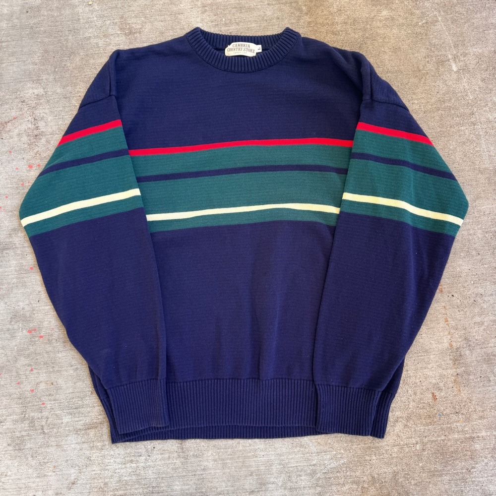 Vintage‎ 90s Cambria Navy Blue Striped Crewneck Knit Sweater Pullover USA made